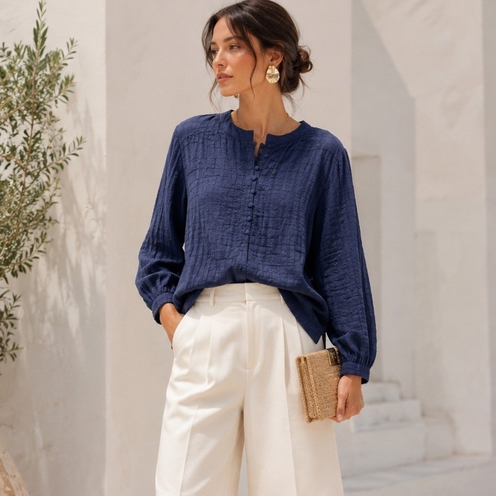 J.McLaughlin Navy Blue Cotton Linen Textured Button Front Blouse Size L